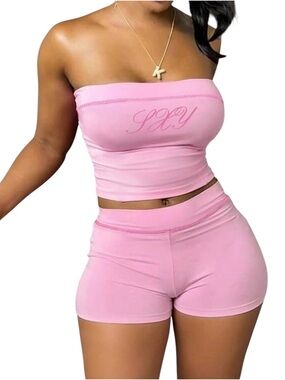 Women's High-Waist Bike Shorts Set - Pink Strapless Crop Top & Shorts